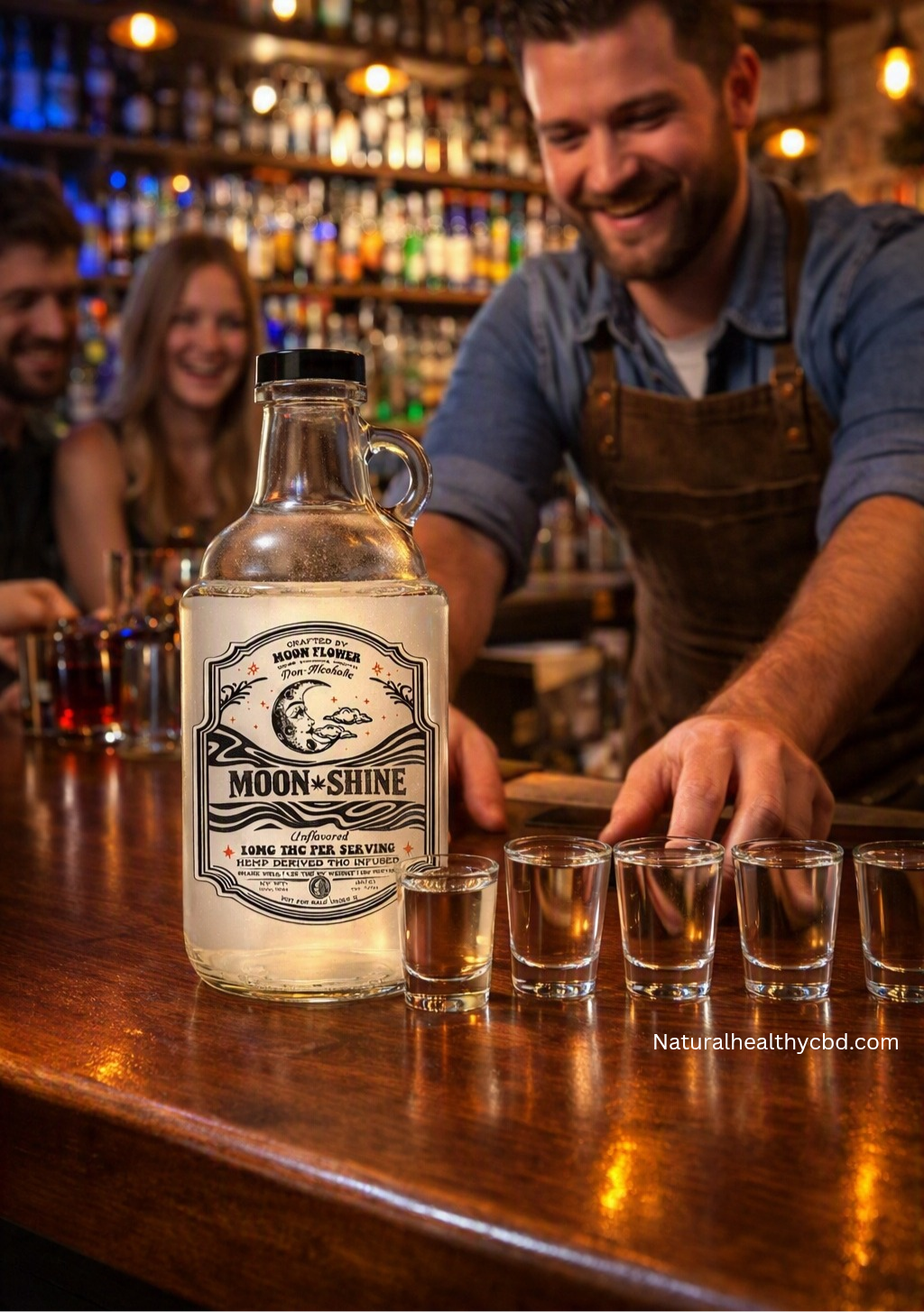 Thc Moon Shine Mocktails with Natural Healthy CBD Thc mocktails being made at a bar by a male bartender with thc Moon shine Elixer from natural Healthy cbd